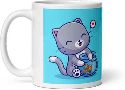 Cheeksy Cat Playing With Fish Ceramic Coffee Mug(350 ml)