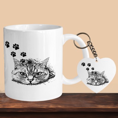 VM SHOPPING MALL Cat Cute R-H Ceramic Coffee Mug(330 ml, Pack of 2)