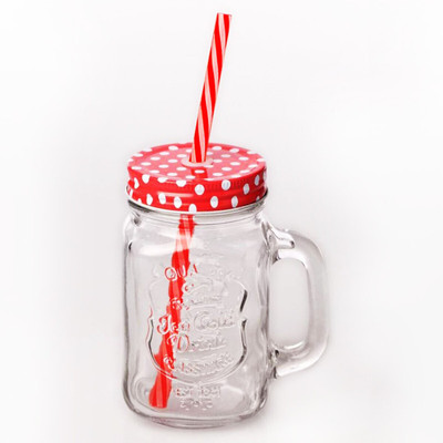 fielrop Glass Jar Drinking with Handle, Red Polka Dot Lid & Straw Glass Coffee Mug(500 ml)