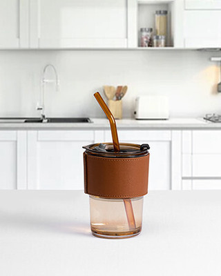 Convoke Glass Tumbler with Anti-Slip Leather Sleeve Pack of 1,400-ml Glass Coffee Mug(400 ml)