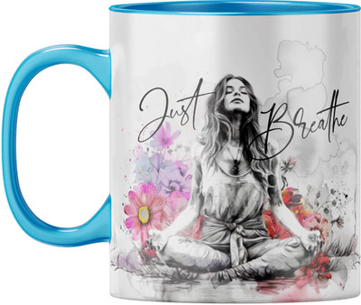 YuBingo Yoga Meditation - Just Breathe Inspiration, Light Blue Inner & Handle Ceramic Coffee Mug(310 ml)