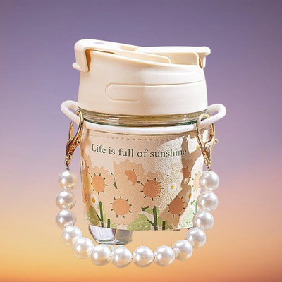 Takositio White Pearl Coffee with Pearl Chain Belt Reusable Tumbler Coffee Cup Plastic Coffee Mug(350 ml)