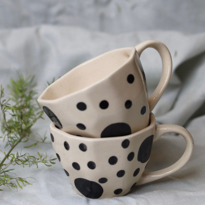 GleamSun Handmade Ceramic Set of Two Big Black Polka Ceramic Coffee Mug(230 ml, Pack of 2)