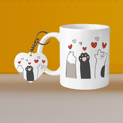 Printhorizon 101_Perfect for Coffee and Tea - With Keychain VM Cat Paws L H Ceramic Coffee Mug(330 ml, Pack of 2)