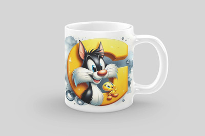 NAKSH ENTERPRISE Cute 90s Carttoon Design Alphabet Microwave Safe Ceramic Coffee [No:141] Ceramic Coffee Mug(313 ml)