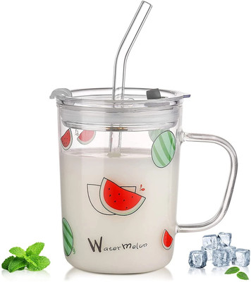 Sphronal Printed Milk Glass Sipper Jar with Silicone Straw and Lid 1 PC 300ML Glass Glass Coffee Mug(350 ml)