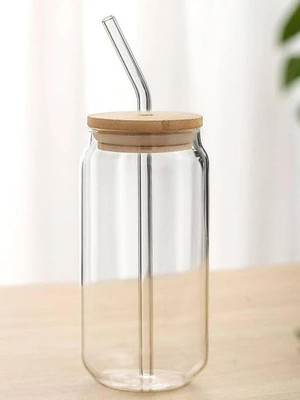 GOSK Enterprise Wooden Lid Ice Coffee Sipper Juice Drink Glass Can Milk/Coffee/Green Tea Cup Glass Coffee Mug(540 ml)