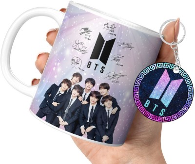 DojaBeauty By TrendoPrint Bts Cup with Keychain Bts Gift For Anyone on Any Occasion (DB-18) Ceramic Coffee Mug(350 ml, Pack of 2)