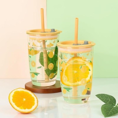 GOOD TO GREAT CREATION Drinking Glasses Tumbler with Airtight Lid and Straw Pack of 2, 400ml Glass Tumbler(400 ml, Pack of 2)