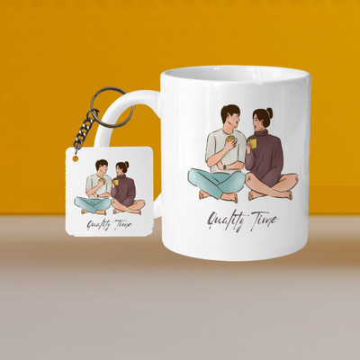 Hunter Studio 101_Perfect for Coffee and Tea - With Keychain VM Quality Time L S Ceramic Coffee Mug(333 ml, Pack of 2)