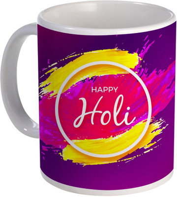 COLOR YARD happy holi in white and round design on white Ceramic Coffee Mug(320 ml)