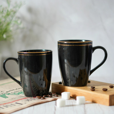 Femora Golden Line Black Ceramic Coffee Mug(320 ml, Pack of 2)