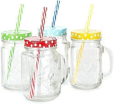 V Bright Mason Jar With Lid And Straw For Drinks, Beverages Fruit Juice Glass with Handle Glass Mason Jar(500 ml, Pack of 4)