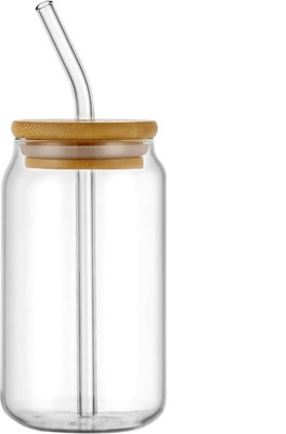 kelvee Beer Can Shaped Glass Cups with Bamboo Lids and Straws Glass Beer Mug(400 ml)