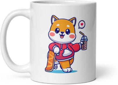 Cheeksy Cat with his shake and Skateboard Ceramic Coffee Mug(350 ml)