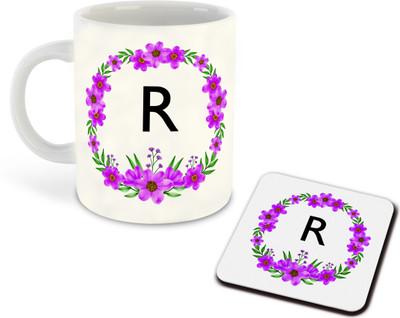whats your kick R Name Alphabet Floral Printed White Coffee Cup With Coaster - D18 Ceramic Coffee Mug(325 ml)