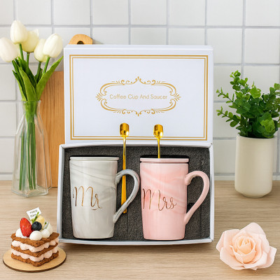 b7 Creations Ceramic Marble Finish Coffee With Lid- Spoon For Anniversary Valentineab Ceramic Coffee Mug(380 ml, Pack of 2)