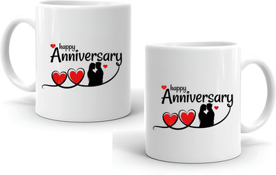 LoveGift Happy Anniversary mug Gift Set Ceramic Coffee Mug(350 ml, Pack of 2)