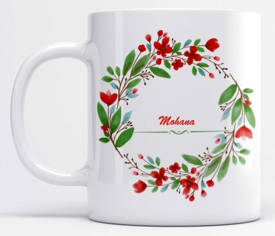 LOROFY Name Mohana Printed Red Floral Design White Ceramic Coffee Mug(350 ml)