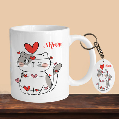VM SHOPPING MALL Cat Meow R-O Ceramic Coffee Mug(330 ml, Pack of 2)