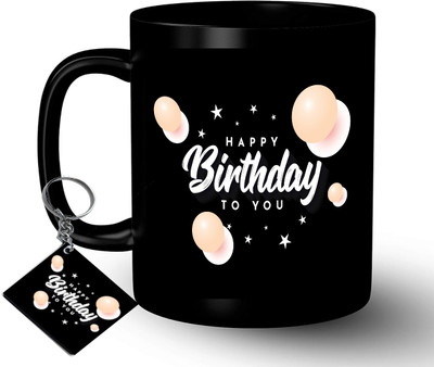 PrintingWorld Black Birthday and Keychain Gift Set Ceramic Coffee Mug(300 ml)
