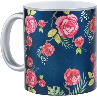 KOLOROBIA Blue Floral Silver Coffee Ceramic Coffee Mug(325 ml)