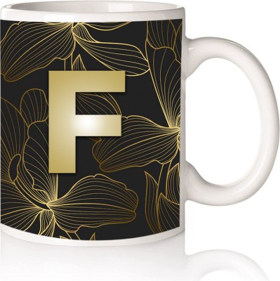 Goldencity Ceramic Alphabet Letter F Floral Print Glossy Coffee Gift for Husband/wife Ceramic Coffee Mug(330 ml)