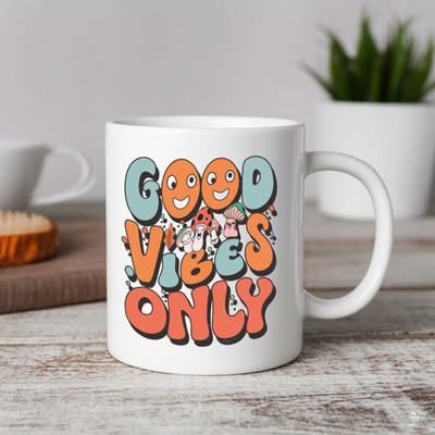 Vihaan Fashions Good Vibes Only Printed Ceramic Coffee Mug(350 ml)