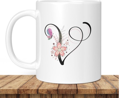 TrendoPrint Letter V Alphabet WhiteMug | Best Gift for your Loved Once on their Special Day Ceramic Coffee Mug(350 ml)