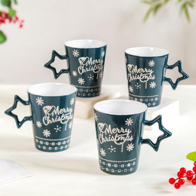Nestasia Merry Christmas Set With Star Handle Ceramic Coffee Mug(300 ml, Pack of 4)