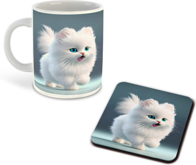 FLEXERSTYLE NEW2025-CSK Cat Lover White Ceramic Coffee With Coaster -D35 Ceramic Coffee Mug(325 ml)