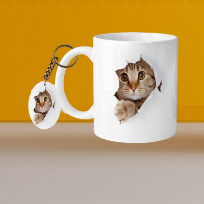 VMSHOPPINGMART 101_Perfect for Coffee and Tea - With Keychain VM Cat Hiding L O Ceramic Coffee Mug(331 ml, Pack of 2)