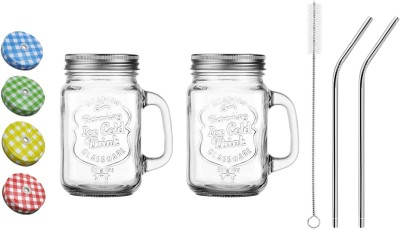 Save Ice Cold Mason Jars with Handle | Bent Stainless Steel Straws Glass Mason Jar(450 ml, Pack of 2)