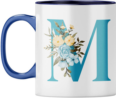 YuBingo Elegant Monogram - Floral M Design, Dark Blue Inner & Handle Ceramic Coffee Mug(310 ml)
