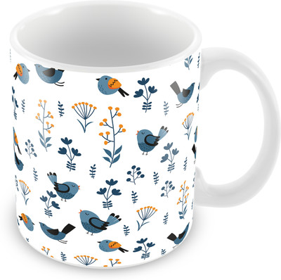 Tuelip Beautiful Seamless Bird Pattern White Color Cup for Tea And Coffee Ceramic Printed (350 ML) Ceramic Coffee Mug(350 ml)