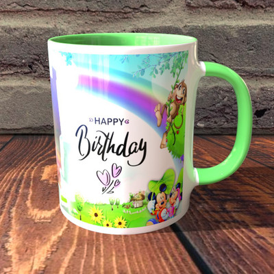 TPA4U Gentle and Fun for Kids TPD69RHM7 Light Green Round Handle Ceramic Coffee Mug(330 ml)