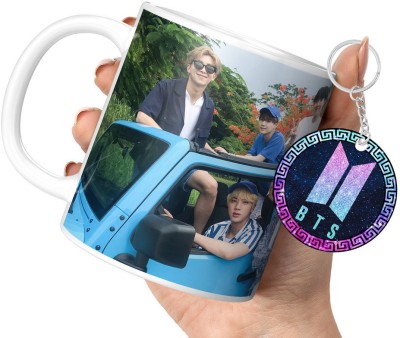 DojaBeauty By TrendoPrint Bts Cup with Keychain Bts Gift For Anyone on Any Occasion (DB-15) Ceramic Coffee Mug(350 ml, Pack of 2)