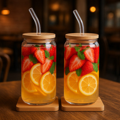 INDIWARRIOR Clear Transparent Glass Tumbler with Wooden Lid & Straw – Pack of 2 Glass Tumbler(540 ml, Pack of 2)