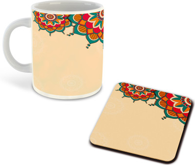 FLEXERSTYLE NEW2025-Rangoli Printed White Coffee With Coaster - D21 Ceramic Coffee Mug(325 ml)
