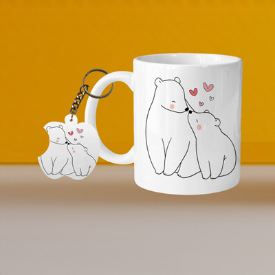 VM MALL 101_Perfect for Coffee and Tea - With Keychain VM Bear L A Ceramic Coffee Mug(329 ml, Pack of 2)
