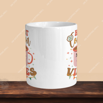VM SHOPPING MALL Premium 330ml Ceramic White Coffee- hot cocoa vibes- With Apple Keychain Ceramic Coffee Mug(330 ml, Pack of 2)