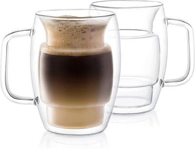 FITUP Double Walled Coffee with handle Tea, Double Walled Glasss Glass Beer Mug(300 ml)