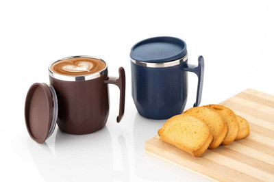 MAGICSPOON Stainless Steel Coffee with Lid (300 ml) (Pack of 2) (Brown,Navy Blue) Stainless Steel Coffee Mug(300 ml, Pack of 2)