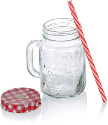 Convoke Glass Jar With lid & Straw for Juice, water, coco, milkshake, thick shake Glass Mason Jar(500 ml)
