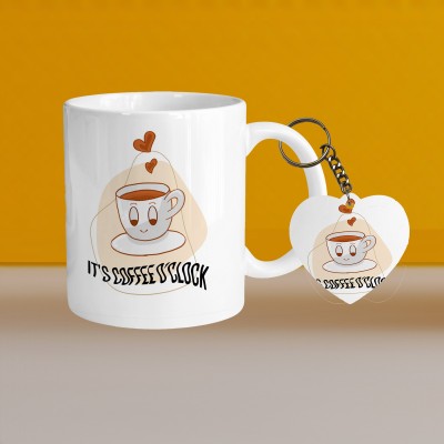 VM SHOPPING MALL Premium 330ml Ceramic White Coffee-it’s a coffe o clock-With Heart Keychain Ceramic Coffee Mug(330 ml, Pack of 2)