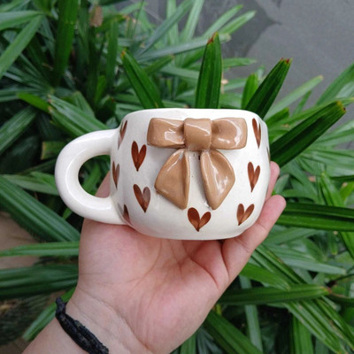 Ceramicmomo Handcrafted Ceramic with 3D Ribbon Bow and Hearts Stylish Coffee Cup Ceramic Coffee Mug(220 ml)