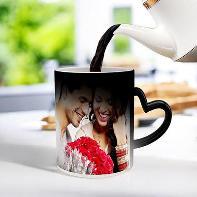 SK TRADERS Heart Handle Magic Photo and text Ceramic Coffee Mug(325 ml)