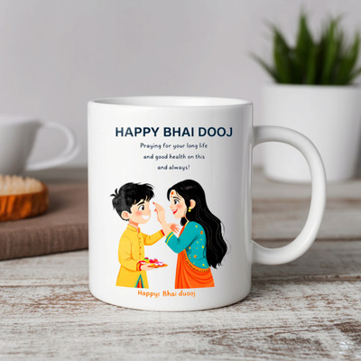 Vihaan Fashions Happy Bhai Dooj Printed Ceramic Coffee | Gift for Bhai Dooj, 03 Ceramic Coffee Mug(350 ml)