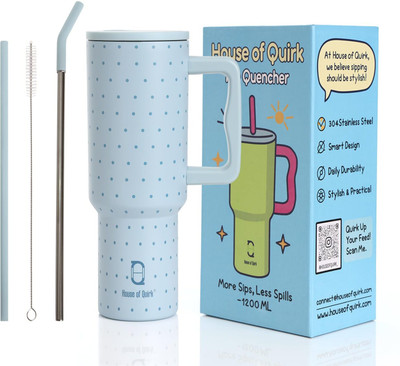 HOUSE OF QUIRK 1200ML Stainless Steel Tumbler Hot and Cold with Handle and Lid 2 Straw-Blue Stainless Steel Tumbler(1200 ml)