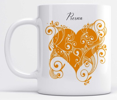 LOROFY Name Prerna Printed Orange Heart Design Ceramic Coffee Mug(350 ml)